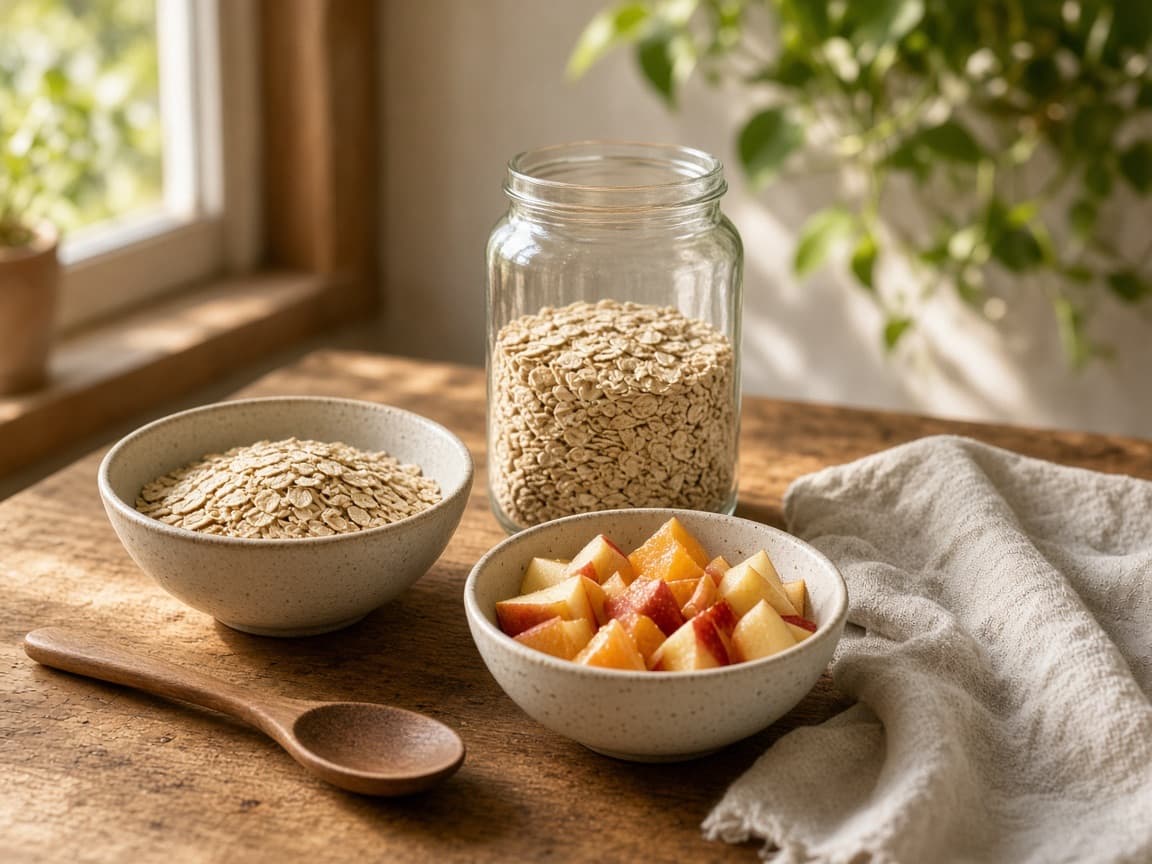 A sunlit kitchen counter with fruit, grains, and a wooden spoon