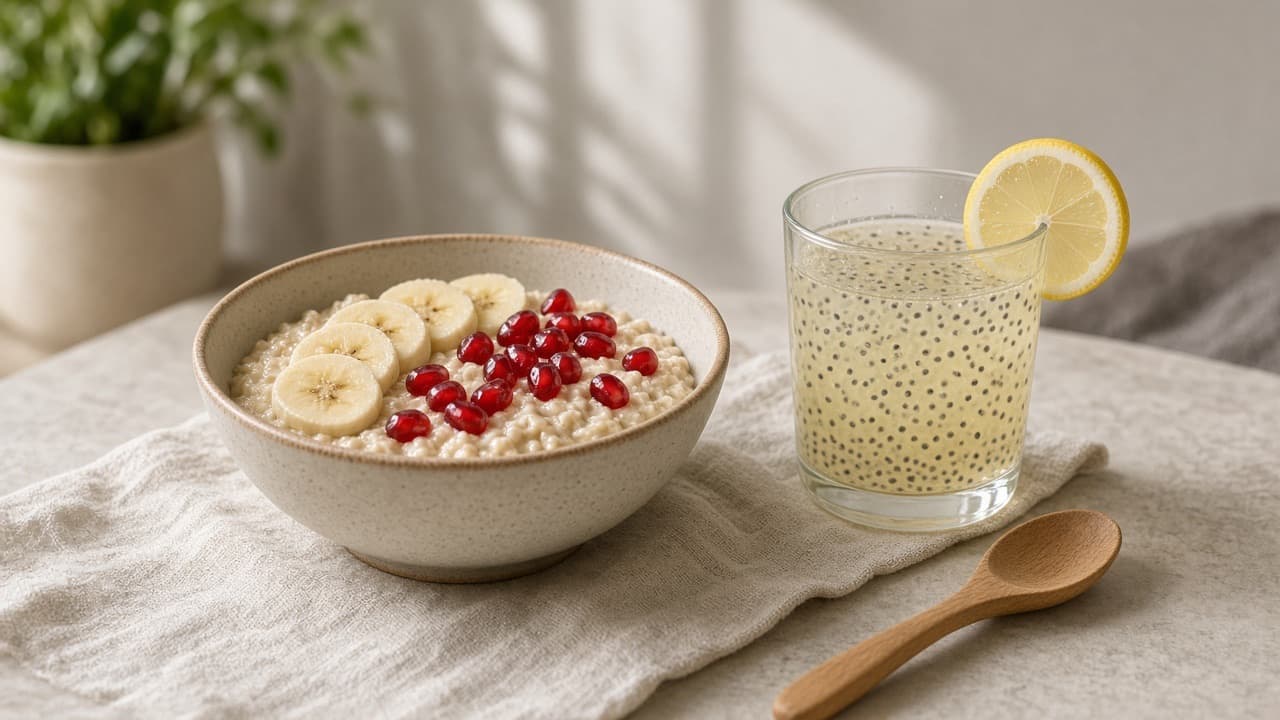 Morning oats beside a glass of chia lemonade
