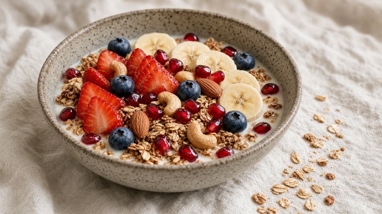 A bowl of muesli with berries, banana, and nuts