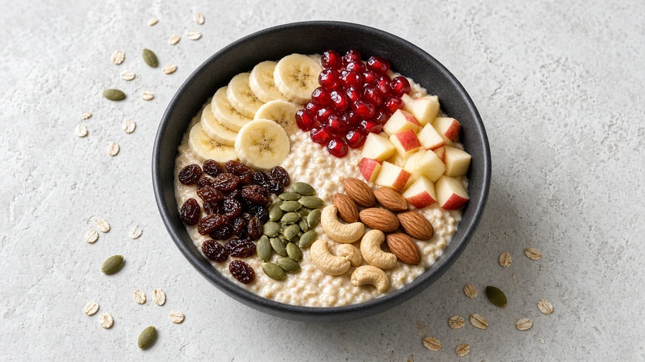Classic oats with banana, apple, nuts, and pomegranate