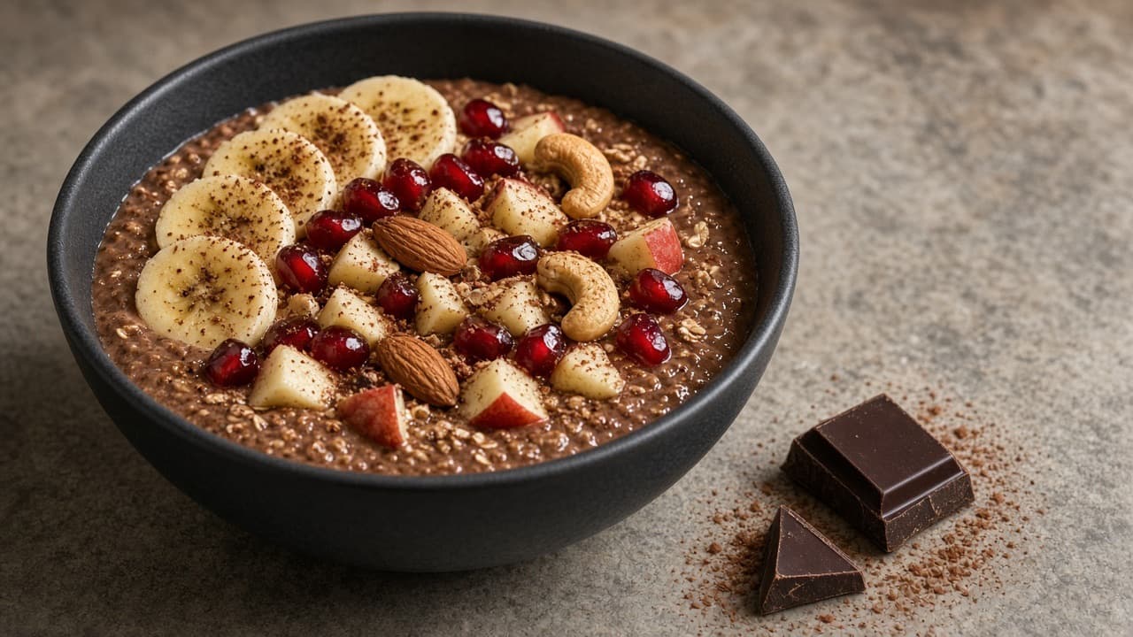 Chocolate oats with banana, apple, and cocoa